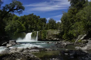 Imagen del Salto del Indio con lagunilla formada y bosque circundante.